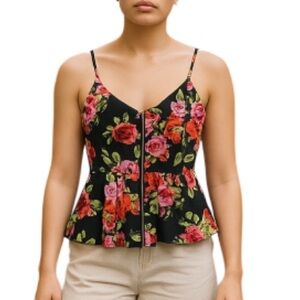 ECLIPSE Rose Floral Peplum Top Zip Embellished Spaghetti Strap Black Red Pink M